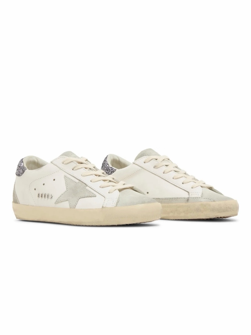 Golden Goose White & Grey Low-Top Sneakers with Silver Glitter Heel .